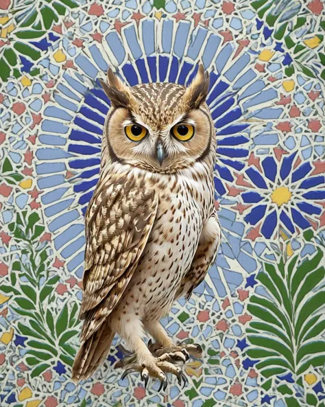 [light art by Hubertine Heijermans and (Alfred Heber Hutty:1.2) ::17], Light, (Owl:1.2) , Magnificent, dense flower field and Dwarf Planet Makemake in background, Detailed illustration, Single Color, made of moroccan tiles, geometric patterns mosaic, <lora...