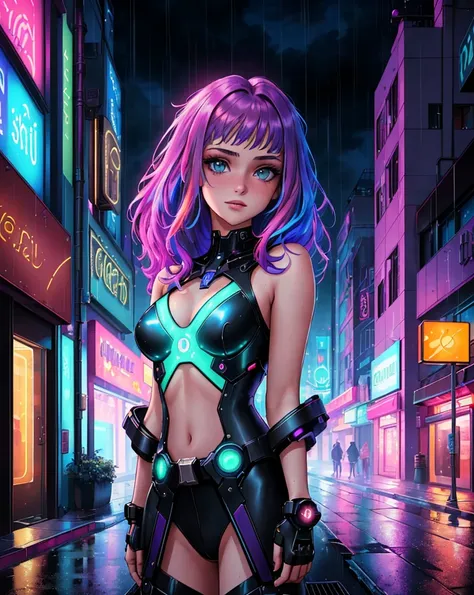 masterpiece, best quality, portrait of a 18yo woman ,  (neon lights rain streets cyberpunk cityscape:1.1) ,  color photo, cinematic, cinematic lighting, whimsical witch potions alchemy beakers lab caludron rainbow colors, anime, gorgeous 18-year-old woman,...