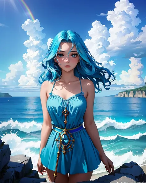 masterpiece, best quality, portrait of a 18yo woman ,  (sky blue ocean fantasy:1.1) ,  color photo, cinematic, cinematic lighting, whimsical witch potions alchemy beakers lab caludron rainbow colors, anime, gorgeous 18-year-old woman, perfect eyes, gracefu...