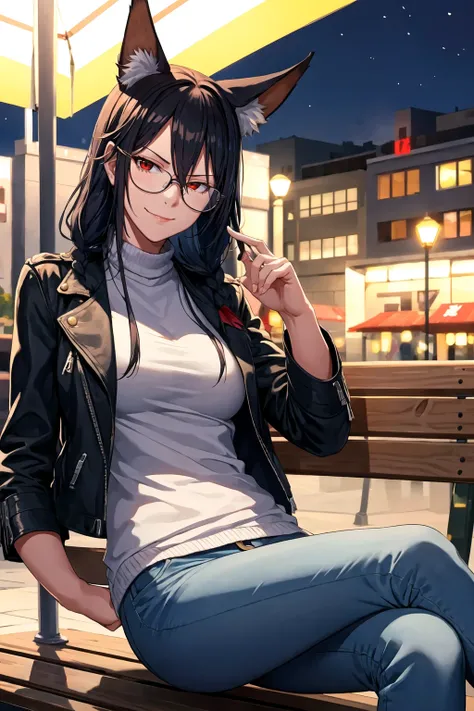 1girl, solo, sidelocks, twinbraids, (black hair), red eyes, smug, smirk, glasses, sitting, bench, partk, at night, long hair, white sweater, (leather jacket), (black jacket:1.2), fox girl, fox ears, fox tail, jeans, black tail,   <lora:neropaso-style_92612...