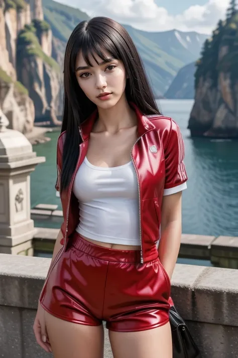 1 woman, 22yo, realistic, masterpiece, high detailed skin, looking at viewer, full body shot, scenic view, long hair, black hair
<lora:Latex_Jacket_Shorts_By_Stable_Yogi:1>
short sleeves, collarbone, (latex red shorts, shirt, jacket)