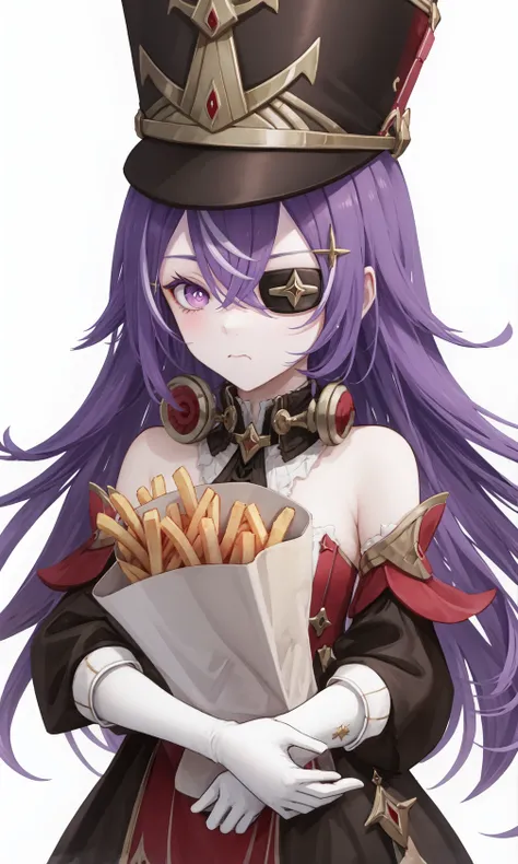 <lora:å¤æ²è¾-000019:1>,Chevreuse,1girl,food,food on face,solo,hat,purple hair,holding,eyepatch,french fries,long hair,gloves,eating,purple eyes,holding food,looking at viewer,white gloves,white background,bare shoulders,bangs,military hat,uniform,hair b...