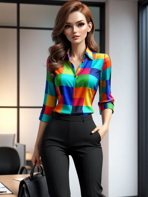 woman wearing a mad_colorful_checkers blouse and black capris, office <lora:Colorful_Checker_SDXL:0.8>, (masterpiece:1.2), best quality