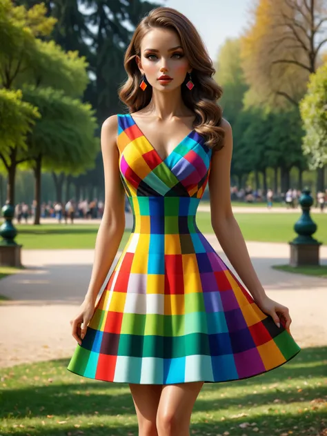 woman wearing a mad_colorful_checkers dress in a public park <lora:Colorful_Checker_SDXL:0.8>, (masterpiece:1.2), best quality