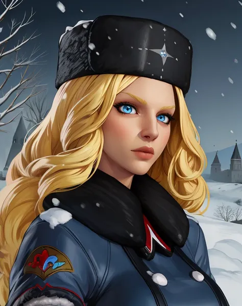 kolin,blonde hair,blue eyes,long hair,
ushanka,coat,fur trim,blakc black thighhighs,boots,
standing,upper body,
russia,snow,base,
(insanely detailed, beautiful detailed face, masterpiece, best quality),solo,<lora:kolin:1>,