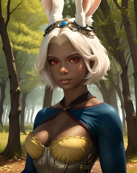 Mjrn,viera,red eyes,white hair,short hair,ears through headwear,
corset,long sleeves,rabbit ears,looking at viewer,
standing,upper body,
outdoors,fantasy,forest,
(insanely detailed, beautiful detailed face, masterpiece, best quality),solo,<lora:Mjrn:0.8>,