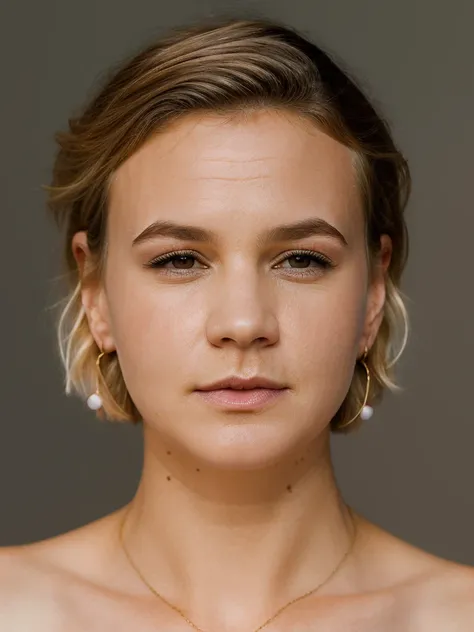 Realistic photo of a beautiful c4r3ym woman,1girl,solo,short hair,blonde hair,simple background,white background,brown eyes,jewelry,earrings,mole,lips,portrait,realistic,nose, soft lighting, professional Photography, Photorealistic, detailed, RAW, analog, ...