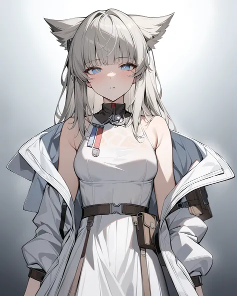 masterpiece, best quality,     <lora:perlica:1>ï¼1girl, jacket, solo, dress, sleeveless_dress, open_jacket, sleeveless, long_hair, bare_shoulders, animal_ear_fluff, blue_eyes, white_dress, gloves, open_clothes, animal_ears, looking_at_viewer, bangs, off_s...