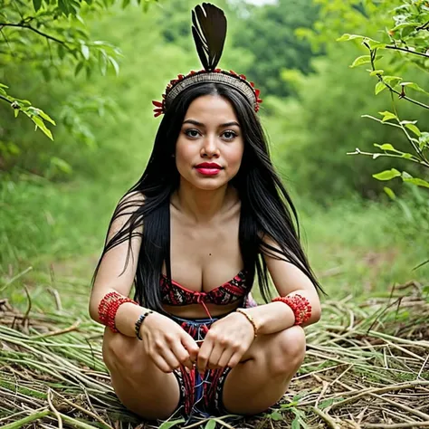 <lora:NativeBrazilianSD-000021:.8> Native Brazilian, 1girl, long hair, parted lips, outdoors, tree, black hair, day, mask, blunt bangs, looking at viewer, realistic, blue sky, brown eyes, nature, upper body, collarbone, portrait