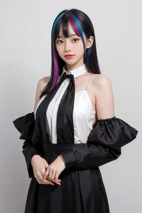 1girl, multi-colored hair with bangs, black formal long dress, white background, <lora:highsstn-02:1>