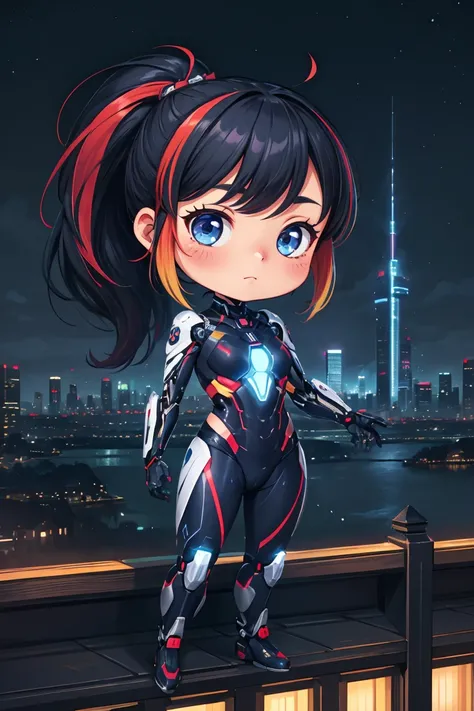 (chibi:1.2),masterpiece,best quality,landscape,1girl,solo,Handsome Girl,Cybernetic suit,ponytail,Long multicolored hair,nightcity,night city,full-length,Evil,<lora:more_details:0.3>,<lora:GoodHands-beta2:1>