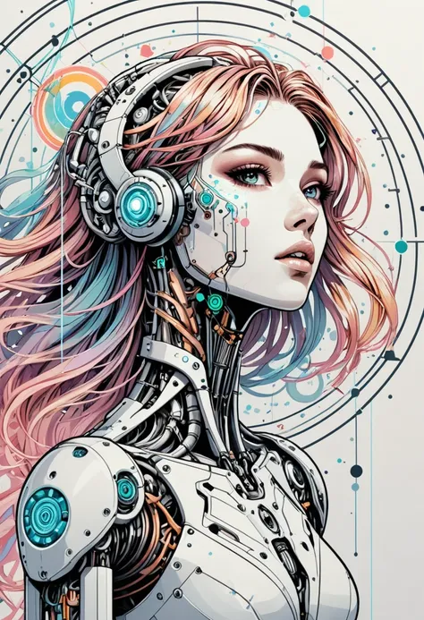 breathtaking inkpunk cyborg illustration ,trippy promotion poster, (abstract philosophy:1.1), minimal concept, clean lines, 20yo beautiful woman suspended in empty room with musical vibrations dropping, hair vibrations, white background, hand sketches, (ge...