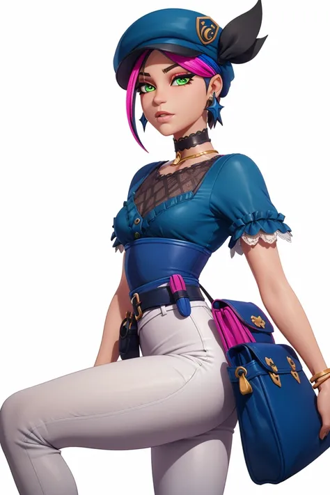 <lora:VRAMsHelsie:0.6> vramshelsie, 1girl, black hair, green eyes, multicolored hair, pink hair, earrings, blue hat, jewelry, ruffles, lacewear, choker, photoshoot, white background, simple background, belt, knee, skirt, pouch, black pants