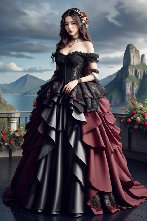 1 woman, 22yo, (realistic, masterpiece, high detailed skin:1.2) (looking at viewer, full body shot, scenic view, long hair:1.2)
<lora:Rose_Black_Gown_By_Stable_Yogi:0.8> black gown, frills, red roses