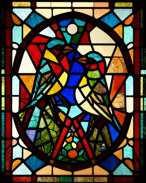 best quality,masterpiece,highly detailed,ultra-detailed, <lora:neg4all_bdsqlsz_V3.5:-1>,
 <lora:Stainedglass_last:1.5>Stained glass of    Cubism American Goldfinch The male has bright yellow feathers and a black cap, while the female is duller with olive-b...