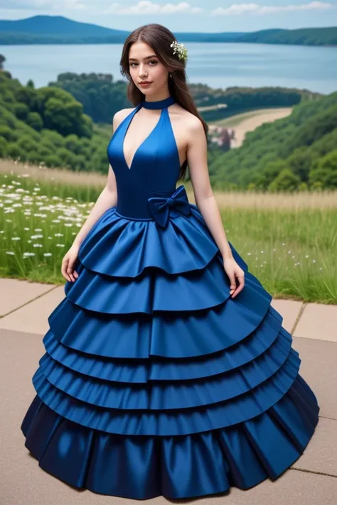 1 woman, 22yo, (realistic, masterpiece, high detailed skin:1.2) (looking at viewer, full body shot, scenic view, long hair:1.2)
<lora:Blue_Halter_Gown_By_Stable_Yogi:1>
blue halter ball gown, waist bow, elbow gloves