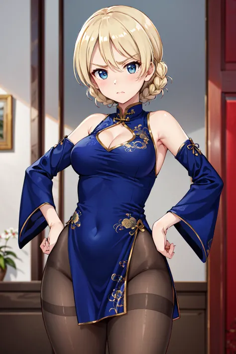 masterpiece,best quality,highres,ultra-detailed,aadarjeeling,short hair,braid,bangs,pantyhose,black pantyhose,<lora:darjeeling:0.8>,bare shoulders,china dress,chinese clothes,short dress,cleavage cutout,sideboob,thighs,hands_on_hips,(furrowed_brow:1.2),ind...