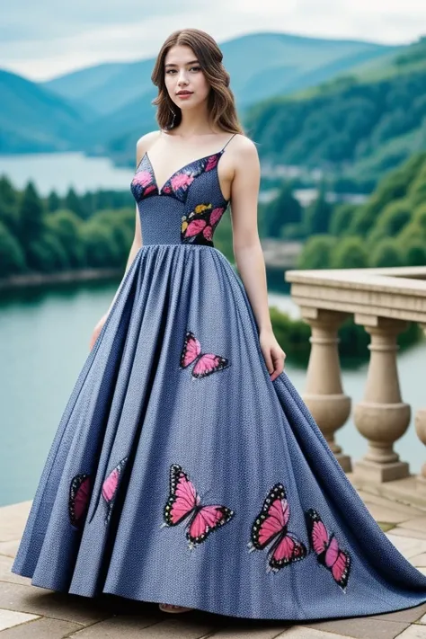 1 woman, 22yo, (realistic, masterpiece, high detailed skin:1.2) (looking at viewer, full body shot, scenic view, long hair:1.2)
butterfly print gown
<lora:Butterfly_Gown_By_Stable_yogi:0.8>