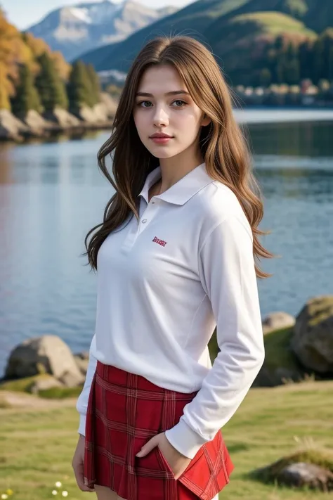 1 woman, 22yo, (realistic, masterpiece, high detailed skin:1.2) (looking at viewer, full body shot, scenic view, long hair:1.2)
<lora:Polo_Skirt_By_Stable_Yogi:1> white shirt, polo shirt, long sleeves, red plaid  skirt,