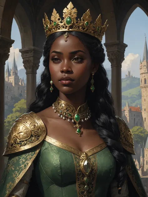 modelshoot style, (extremely detailed CG unity 8k wallpaper), full shot body photo of the most beautiful artwork in the world, medieval queen, green vale, dark skin, black woman, dark skin, golden crown, diamonds, medieval architecture, professional majest...