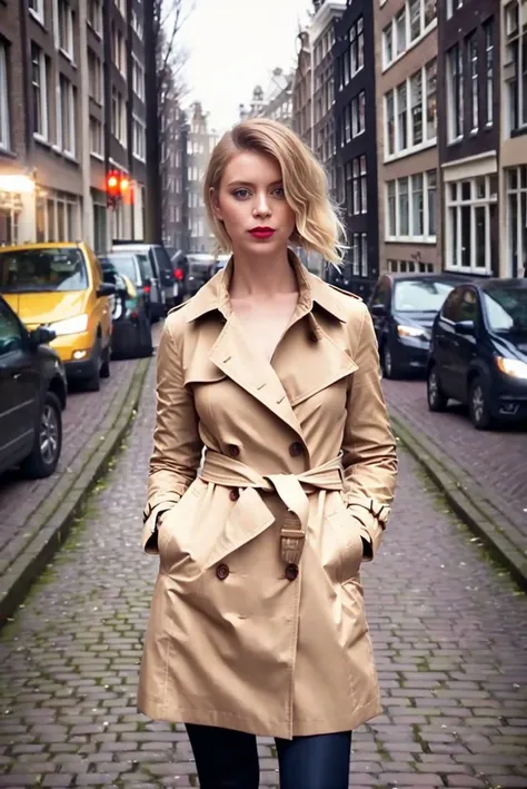 selfie of a beautiful woman wearing a beige trench coat with ankle boots,Amsterdam, Netherlands in spring,lipstick, epic character composition,by ilya kuvshinov, alessio albi, nina masic,sharp focus, subsurface scattering, f2, 35mm, film grain ,blonde ,sho...