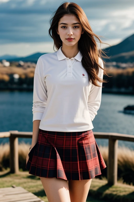 1 woman, 22yo, (realistic, masterpiece, high detailed skin:1.2) (looking at viewer, full body shot, scenic view, long hair:1.2)
<lora:Polo_Skirt_By_Stable_Yogi:1> white shirt, polo shirt, long sleeves, red plaid  skirt,