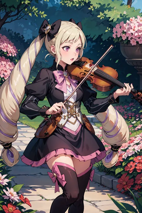 (playing violin,upper_body:1.1), violin, ,<lora:eliseV2:0.85>,def_elise,thigh boots, thighhighs, high heel boots, zettai ryouiki, jewelry, long sleeves, black short dress, pink bow,  pink bowtie,  breastplate, flower, flowe garden,outdoors,(masterpiece, be...