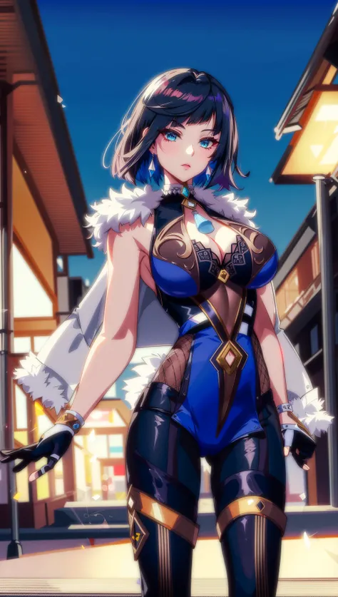 (4k,masterpiece, high resolution, best quality:2, breathtaking, ultra detailed:1.4),A cool female in the street at night,Yelan,yelan,1girl,breasts,yelan (genshin impact),solo,gloves,short hair,looking at viewer,large breasts,fur trim,blue hair,jewelry,clea...