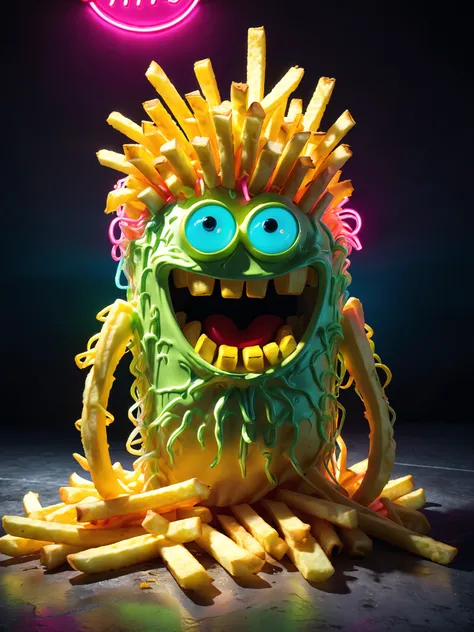 crazy fluorescing monster french fries figure, in neon colors, future art , subsurface scattering, ultra hd, 4k, high def, Photorealistic, Hyperrealistic, Hyper detailed, analog style, realistic, masterpiece, best quality, ultra realistic, 8k, Intricate, H...