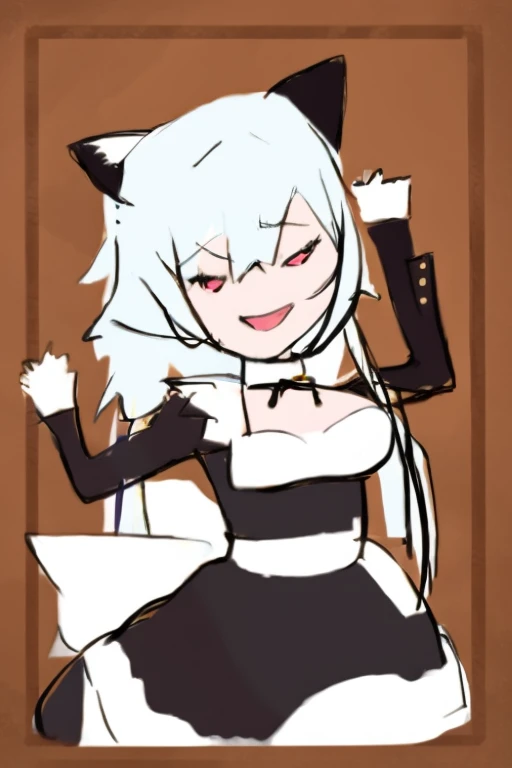 masterpiece,best quality, <lora:jpd:1.4>,(sketch:1.2),
1girl, solo,cat ears, indoors,cat girl, white hair,long hair,maid,maid apron, maid dress,open mouth, grin,