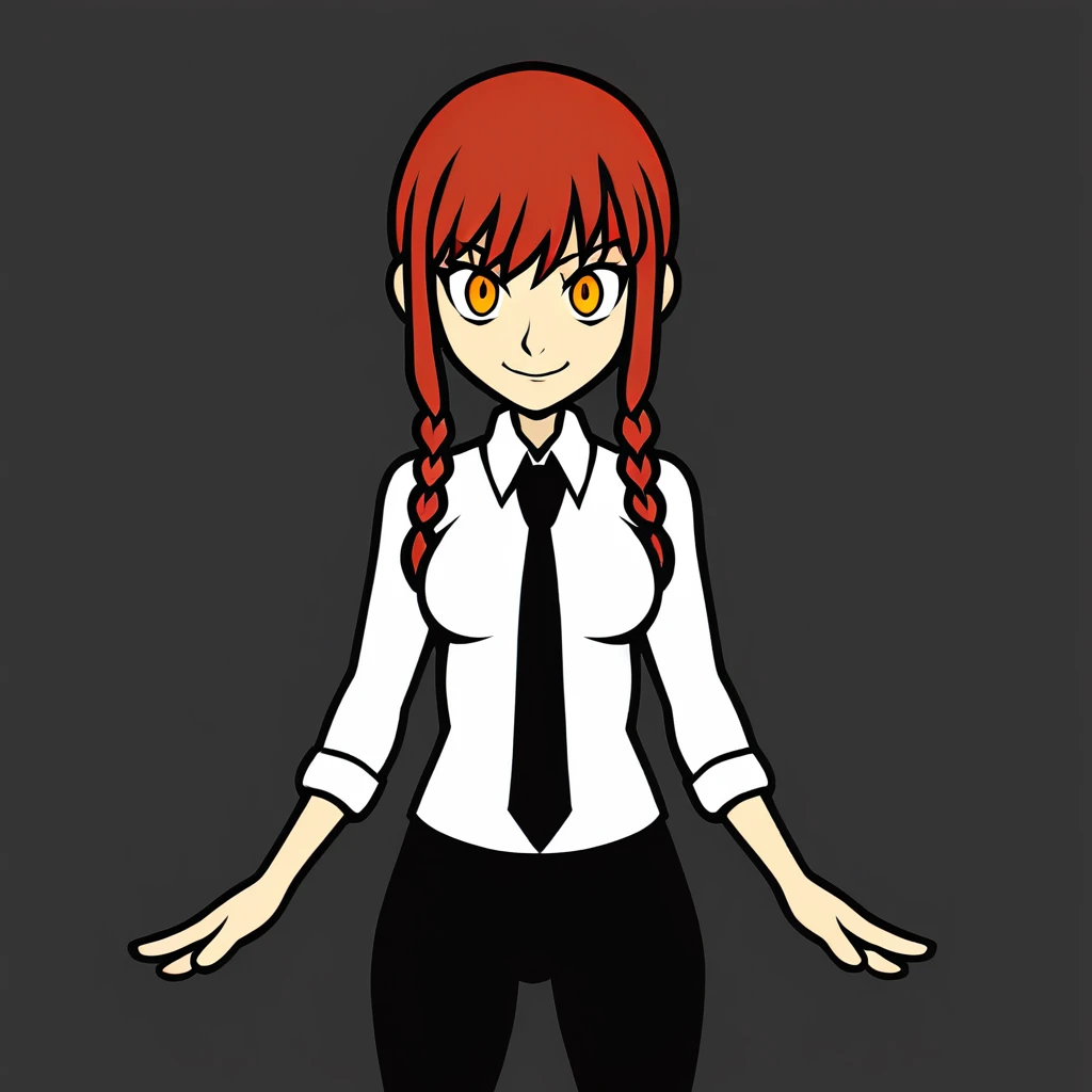 1girl, standing, red hair, long braided hair, golden eyes, bangs, medium breasts, white shirt, black necktie, necktie, stare, smile, (evil:1.2), black pants, long pants, <lora:Rhythm_Heaven_SDXL:0.7>, <lora:makima_lokr_sdxl_1200:1>