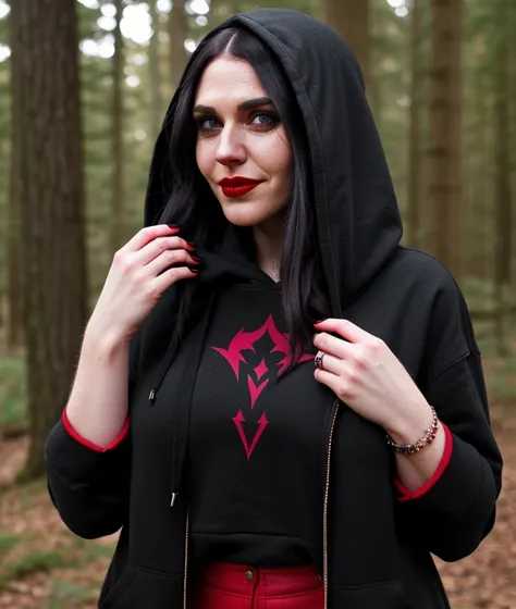 <c3st1>, 1girl, solo, long hair, black hair, holding, hood, nail polish, hoodie, makeup, lipstick, pale skin, black nails, red lips, nature