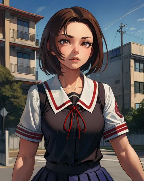 Akira,brown hair,brown eyes,short hair,
shirt with white sleeves,skirt,short sleeves,red string knot,
standing,upper body,
morning,school yard,
(insanely detailed, masterpiece, best quality,beautiful detailed eyes),solo,<lora:akira:0.8>,