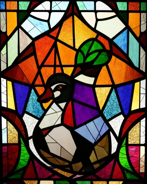 best quality,masterpiece,highly detailed,ultra-detailed, <lora:neg4all_bdsqlsz_V3.5:-1>,
 <lora:Stainedglass_last:1.5>Stained glass of    Cubism Mallard Duck The male has a green head, gray body, and a yellow beak, while the female is brown with an orange ...