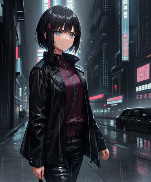 (adult woman), (1girl, solo), walking, ((black jacket)), serious, (black hair, bobcut), (blue eyes), ((future city, neotokyo, scifi city, cyberpunk)), (night, rain), ((best quality, high detail)), ((masterpiece)),  <lora:1_alpha_20e:1>