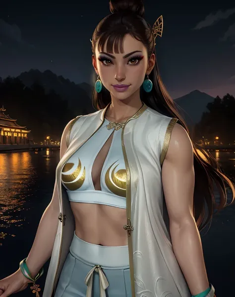 chun li,brown hair,brown eyes,long hair,hair bun,makeup,hair ornament,
jewelry,earrings,bracelet,midriff,white crop top,long vest,sleeveless,looking at viewer,smile,
standing, 
morning,temple,lake,cityscape, night, 
(insanely detailed, beautiful detailed f...