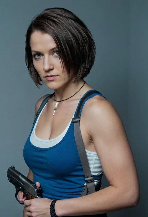 <lora:8FA4B9F509:0.8> upper body photograph shot of Jill V, wearing a blue tanktop with a white layer underneath, side parted bob hairstyle, grey eye color, dark brunette, wearing necklace, wearing shoulder holster, gun holester, interior lighting, front s...