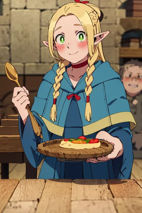 ((masterpiece,best quality)), absurdres,
<lora:Marcille_Donato_DungeonMeshi_Screenshots:0.8>, Marcille_Donato_DungeonMeshi, 
1girl, solo, blonde hair, long hair, twin braids, elf, pointy ears, green eyes,
red choker, blue capelet, 
eating, plate, spoon
sol...