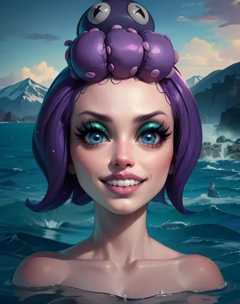 calamaria,purple squid hair,blue eyes,eyeshadow,
mermaid,face focus,
looking at viewer,
ocean,mountains,smile,teeth,
(insanely detailed, beautiful detailed face, masterpiece, best quality),<lora:calamaria-11CHv8:0.8>,