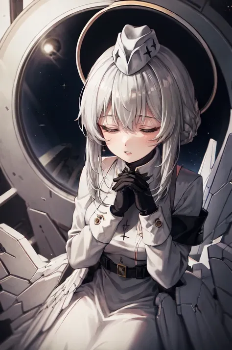 livempyrea, white hair, sidelocks, grey eyes, braid, collared dress, white dress, medium breasts, long dress, short necktie, long sleeves, white sleeves, black armbands, black gloves, mechanical wings, low wings, black belt, mechanical halo, garrison cap, ...