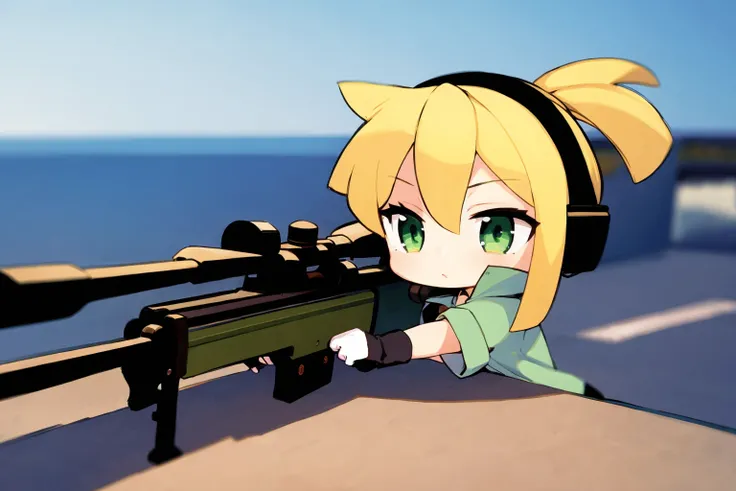 masterpiece, best quality, <lora:sunako:1>,1girl, weapon, gun, blonde hair, solo, rifle, photo background, green eyes, sniper rifle, scope, chibi, gloves, headphones