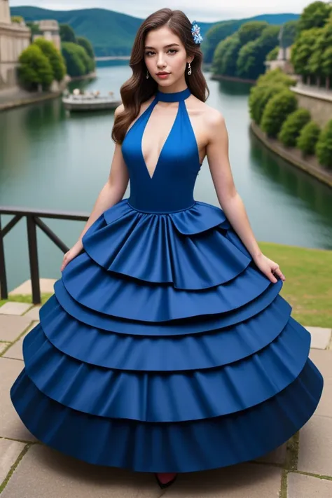 1 woman, 22yo, (realistic, masterpiece, high detailed skin:1.2) (looking at viewer, full body shot, scenic view, long hair:1.2)
<lora:Blue_Halter_Gown_By_Stable_Yogi:1>
blue halter ball gown, waist bow, elbow gloves