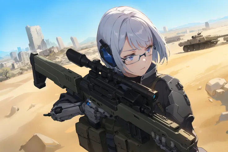 glasses 1girl, silver short hair, mechanical arms, cyborg, cyberpunk headset, holding rifle, sniper, military uniform, from above, looking away, upper body, ruin city, desert, detailed illustration, perspective, dutch angle, 