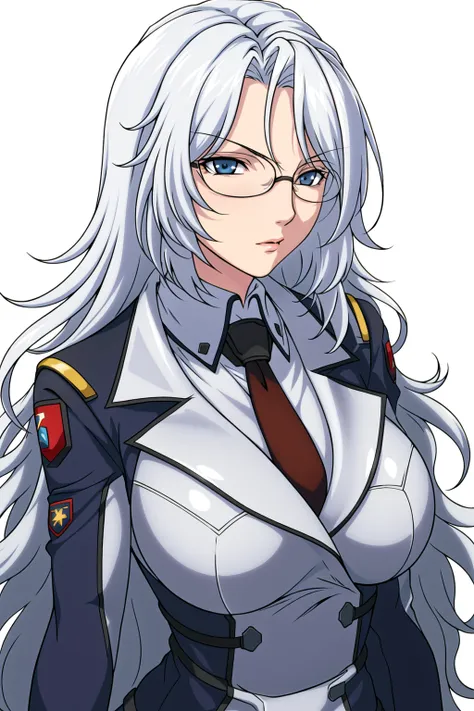 Simple White Background,
Black jacket,long sleeves,military, military uniform, necktie,
<lora:Chall_Acustica_00F-KK77-V1:0.7>,hair over one eye, glasses, 
blue eyes, white hair,bangs,Long hair,wavy hair, 
<lora:Oda_Non_Style-KK77-V2:0.3>,<lora:more_details...