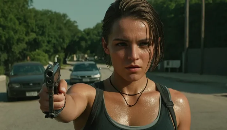 <lora:FEB1A58BFC:1>   cinematic film still of  <lora:A2314E6170:0.9> sweaty JillRE woman with a gun, sweat shine on her chest, aiming, wearing tank top, perfection, in the street, shallow depth of field, vignette, highly detailed, high budget, bokeh, cinem...