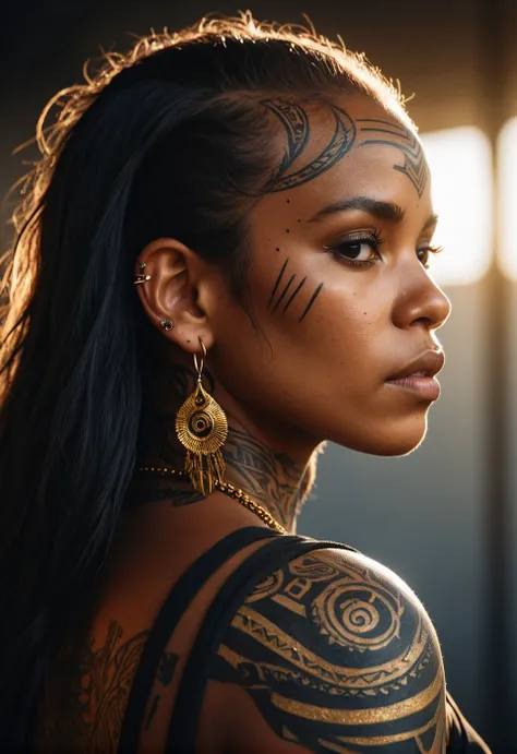 hyper realistic photograph, portrait of a tattooed southamerican indigenous black woman, future punk, gold tattoo line, side profile, summer, dramatic light, looking down