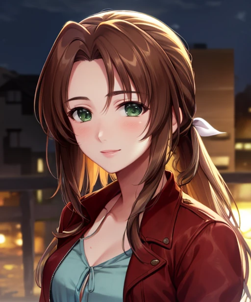 portrait, (adult woman), (1girl, solo), smile, (brown hair), green eyes, ((slums)), (night, hazy), ((best quality, high detail)), ((masterpiece)), <lora:Cha - Aerith v3:.75> aerith gainsborough, hair ribbon, braid, cropped jacket, dress, <lora:1_alpha_20e:...