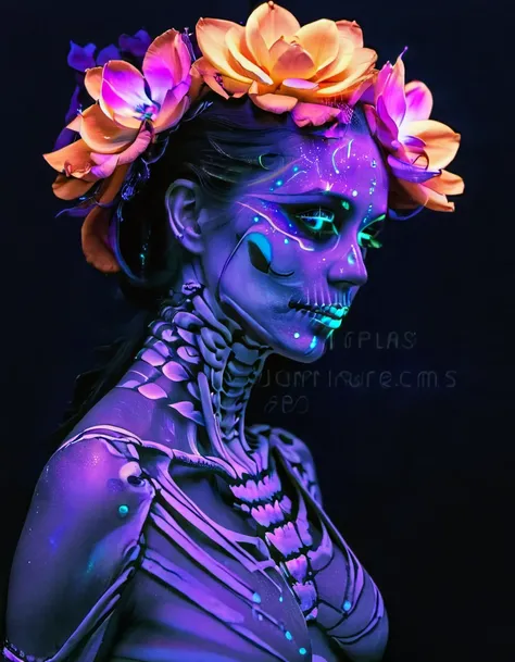 neonpunk style black background, 1girl, skeleton, simple background, makeup, Fluorescence, flower, watermark, ribs, bone, glowing, web address, skull, spine, detailed, proportional, romantic, thought, cinematic, pristine, elegant, magical, pure, light, sat...