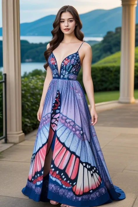 1 woman, 22yo, (realistic, masterpiece, high detailed skin:1.2) (looking at viewer, full body shot, scenic view, long hair:1.2)
butterfly print gown
<lora:Butterfly_Gown_By_Stable_yogi:0.8>