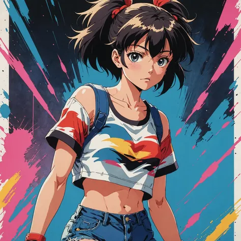 80s anime screencap, girl wearing a cropped top and short shorts, artistic rendition with wide brush strokes, anime comic